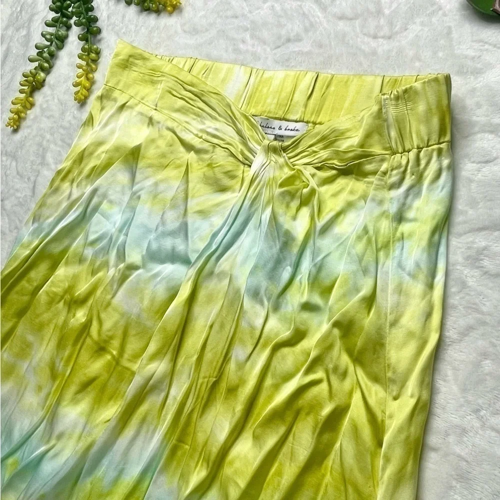 Young Fabulous & Broke Savanna Tie Dye Printed Satin Twist Midi Skirt Lime Small